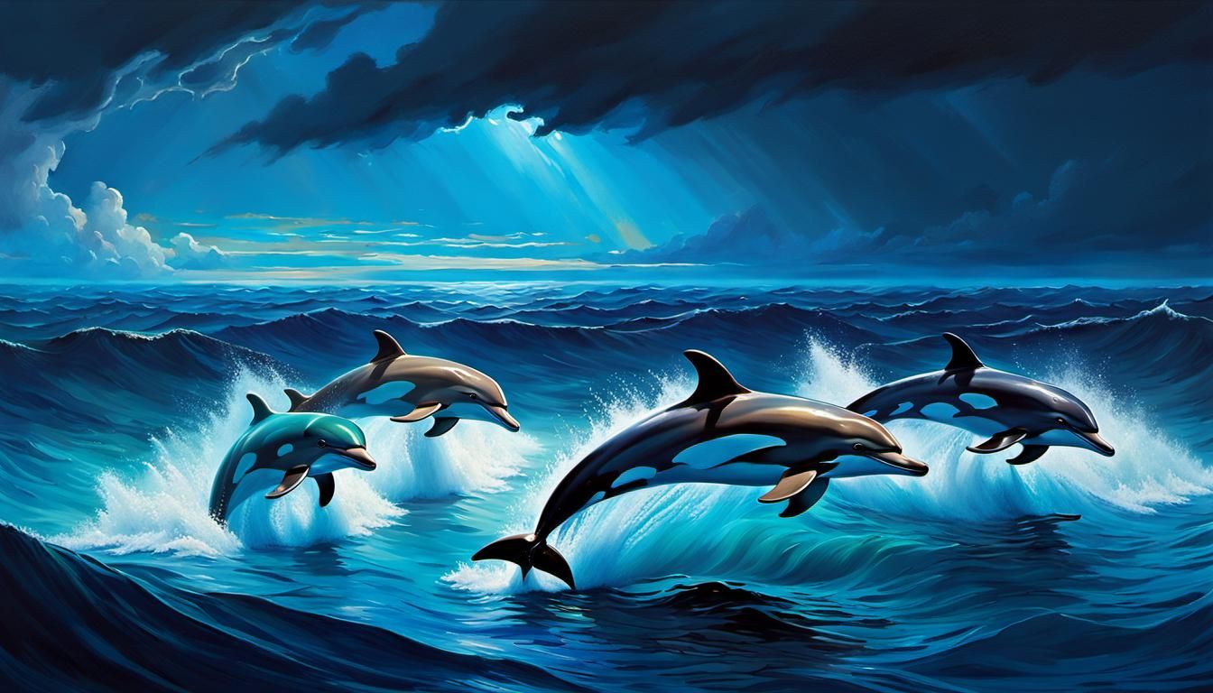 Dolphins in Stormy Sea: Hyperrealistic Oil Painting