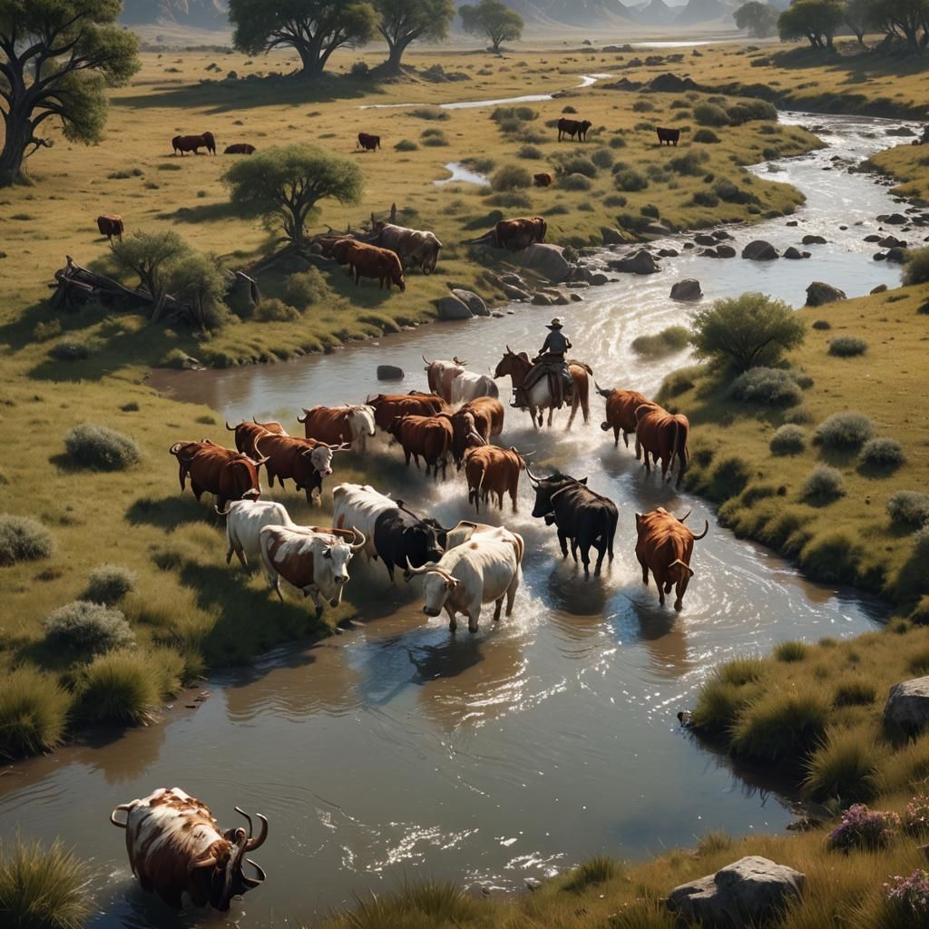 Cowboy Herding Longhorns in a Grassy Plain