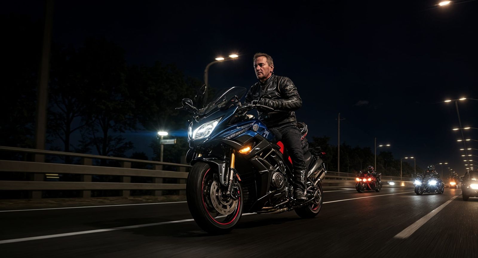Man in Motorcycle Gear Rides Yamaha V-Max on Texas Freeway