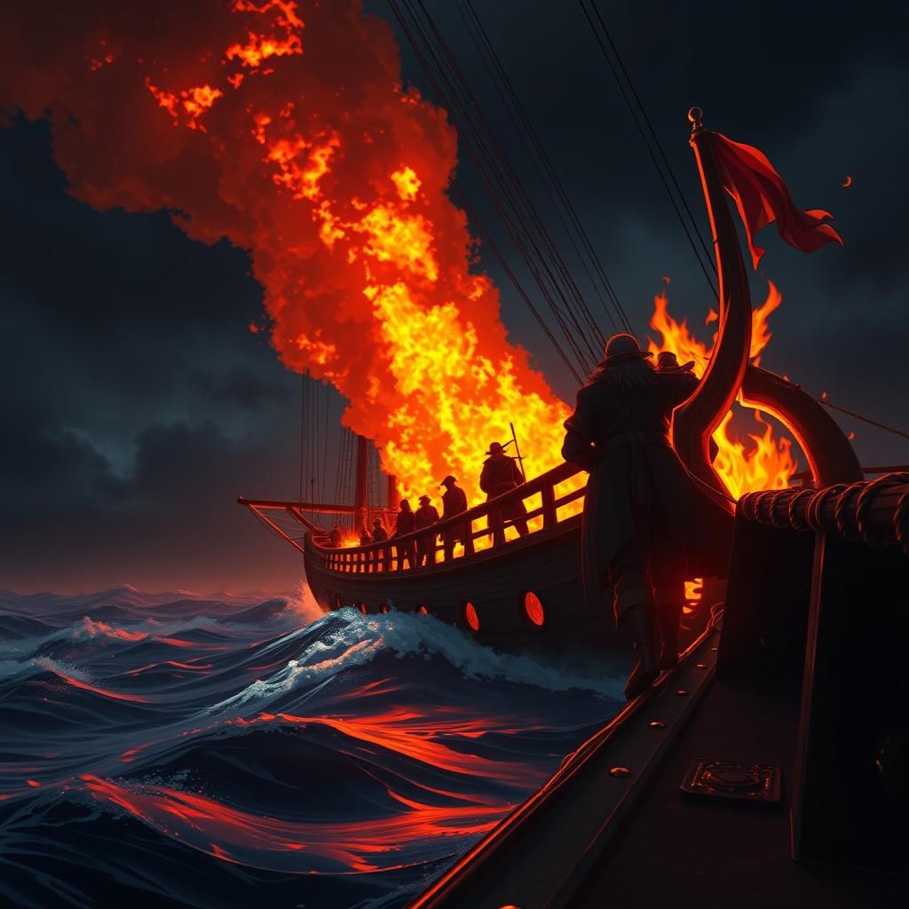 Pirates' Farewell: Burning Ship at Sea in Anime Style