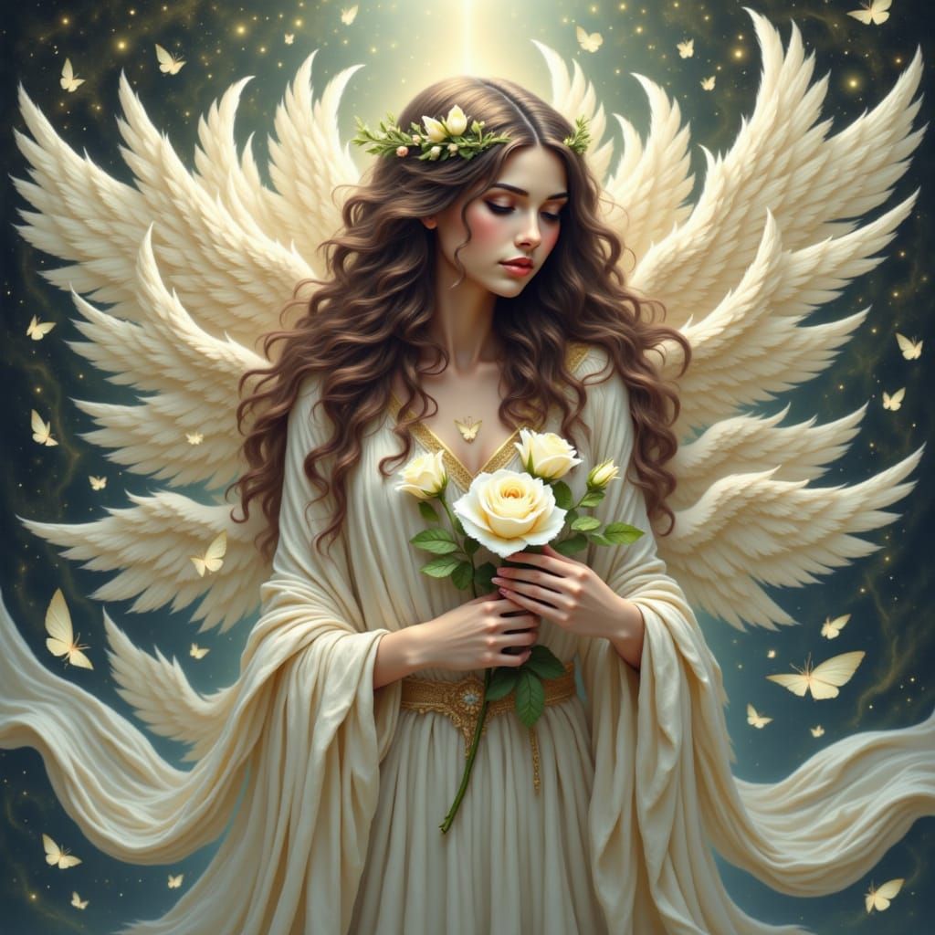 Ethereal Goddess with Unfurling Wings in Celestial Aura