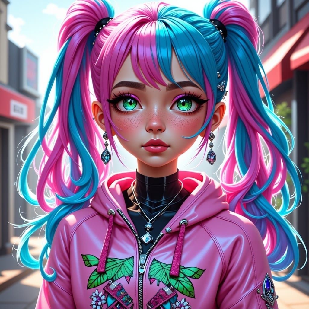 Vibrant Woman with Pink and Blue Hair in Urban Fantasy Style