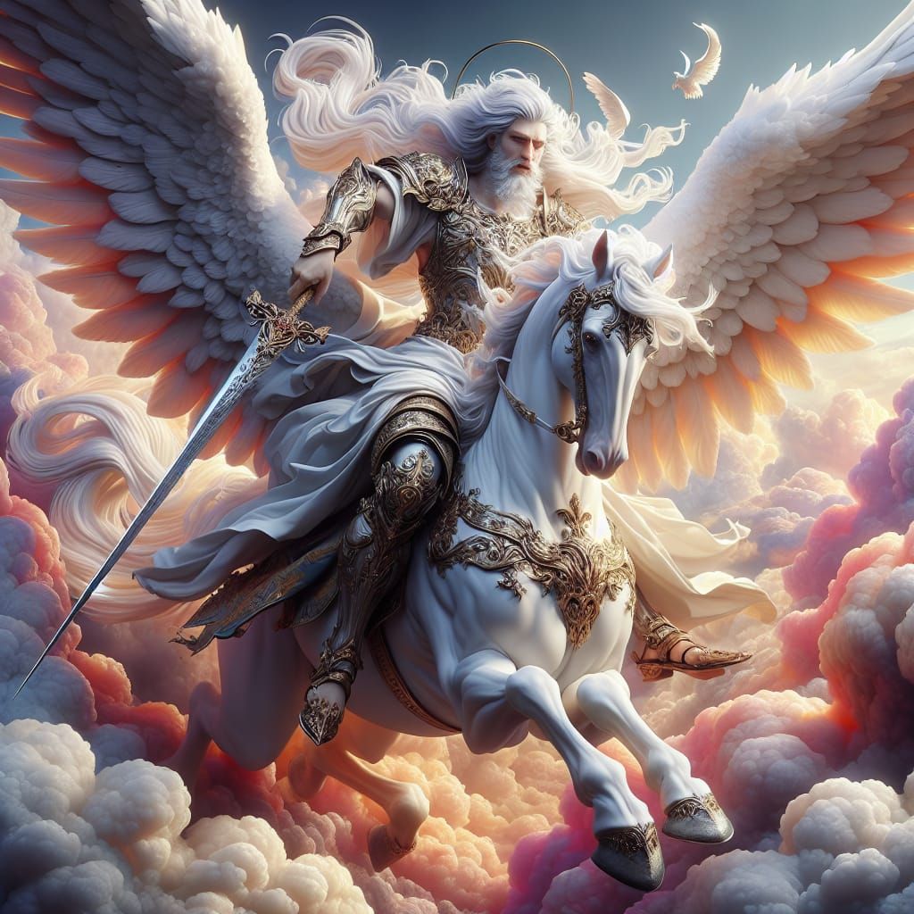 Majestic Angel Michael on White Horse, Hyperrealistic Render