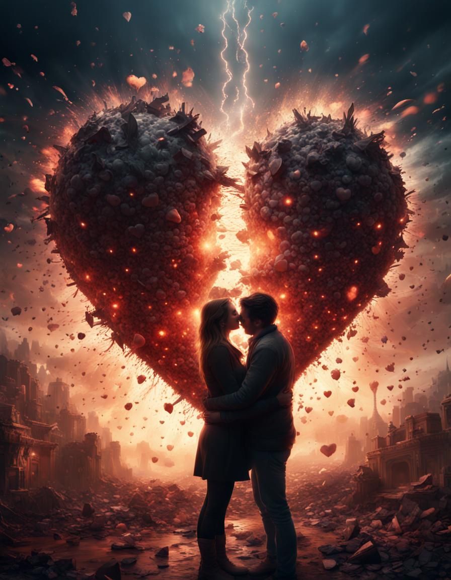 exploding heart, happiness, dark ambiance, people hugging