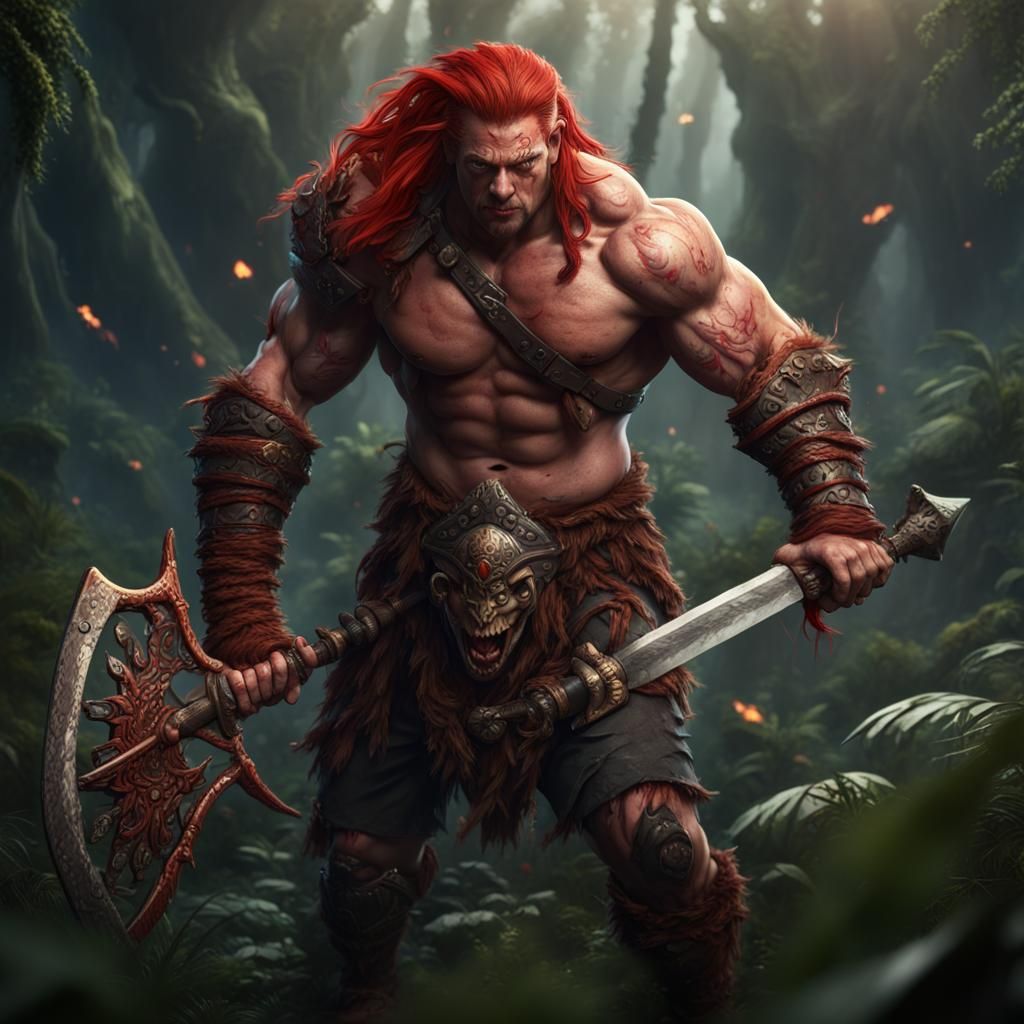 Fierce Red-Haired Barbarian in Dark Jungle