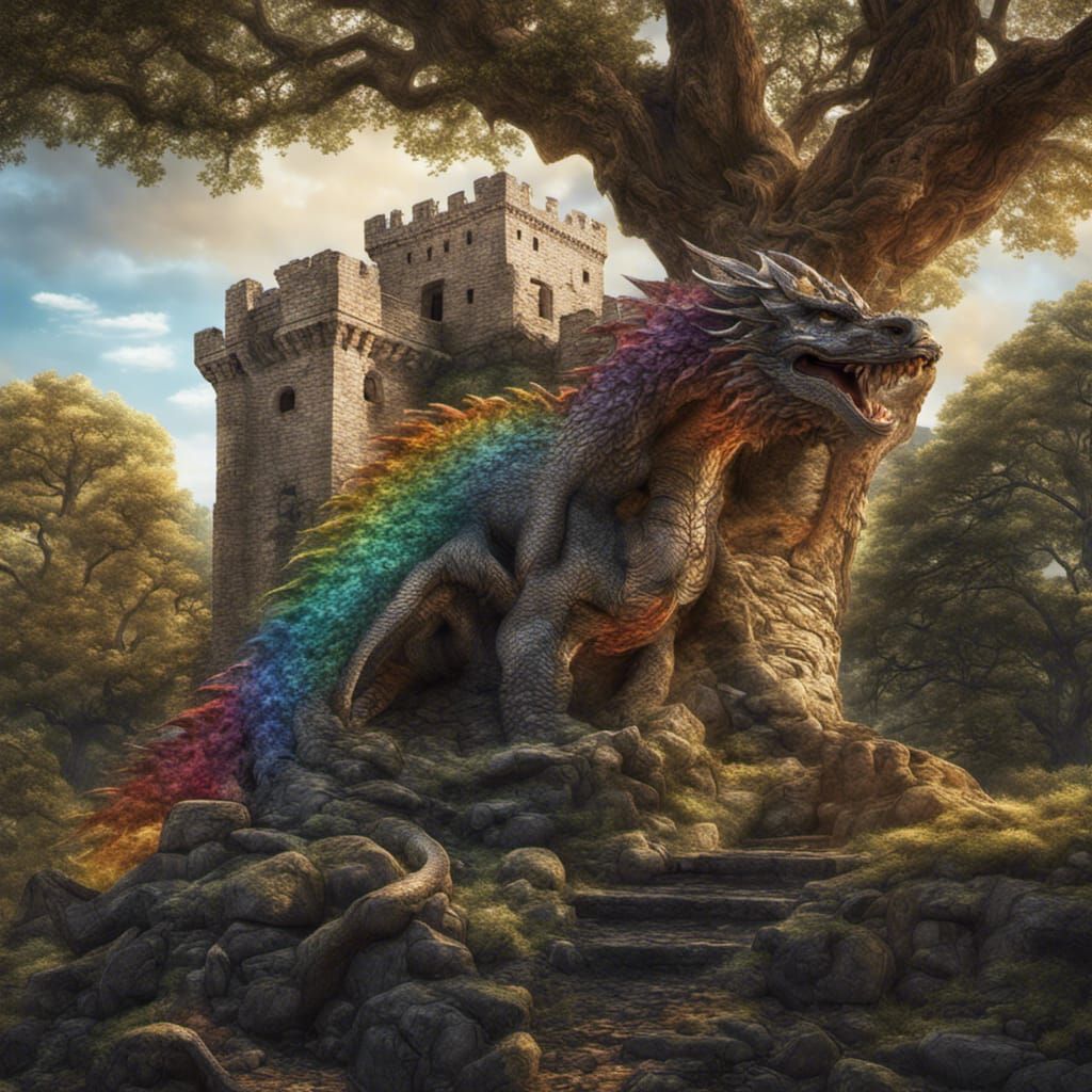 Hyperrealistic Rainbow Dragon Guardian of Castle Ruins
