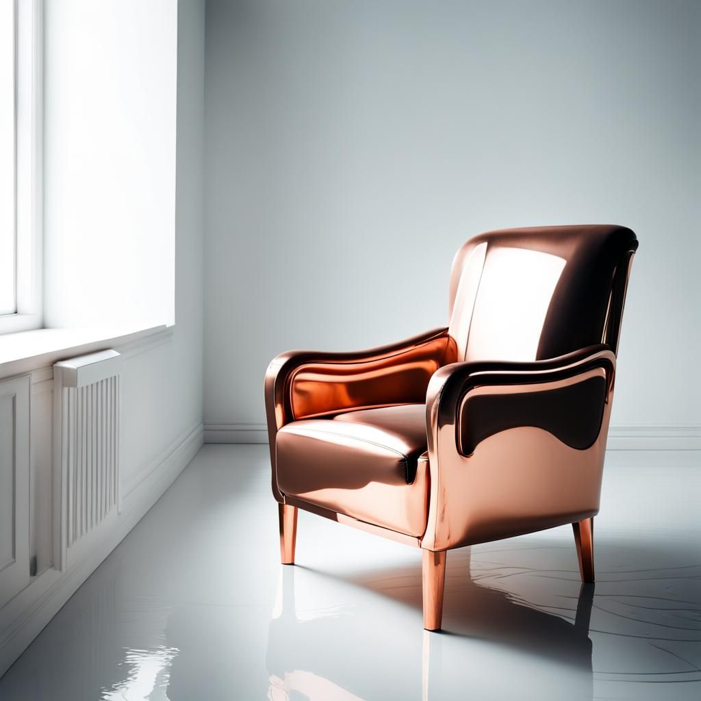 Copper Armchair in White Room with Water Walls