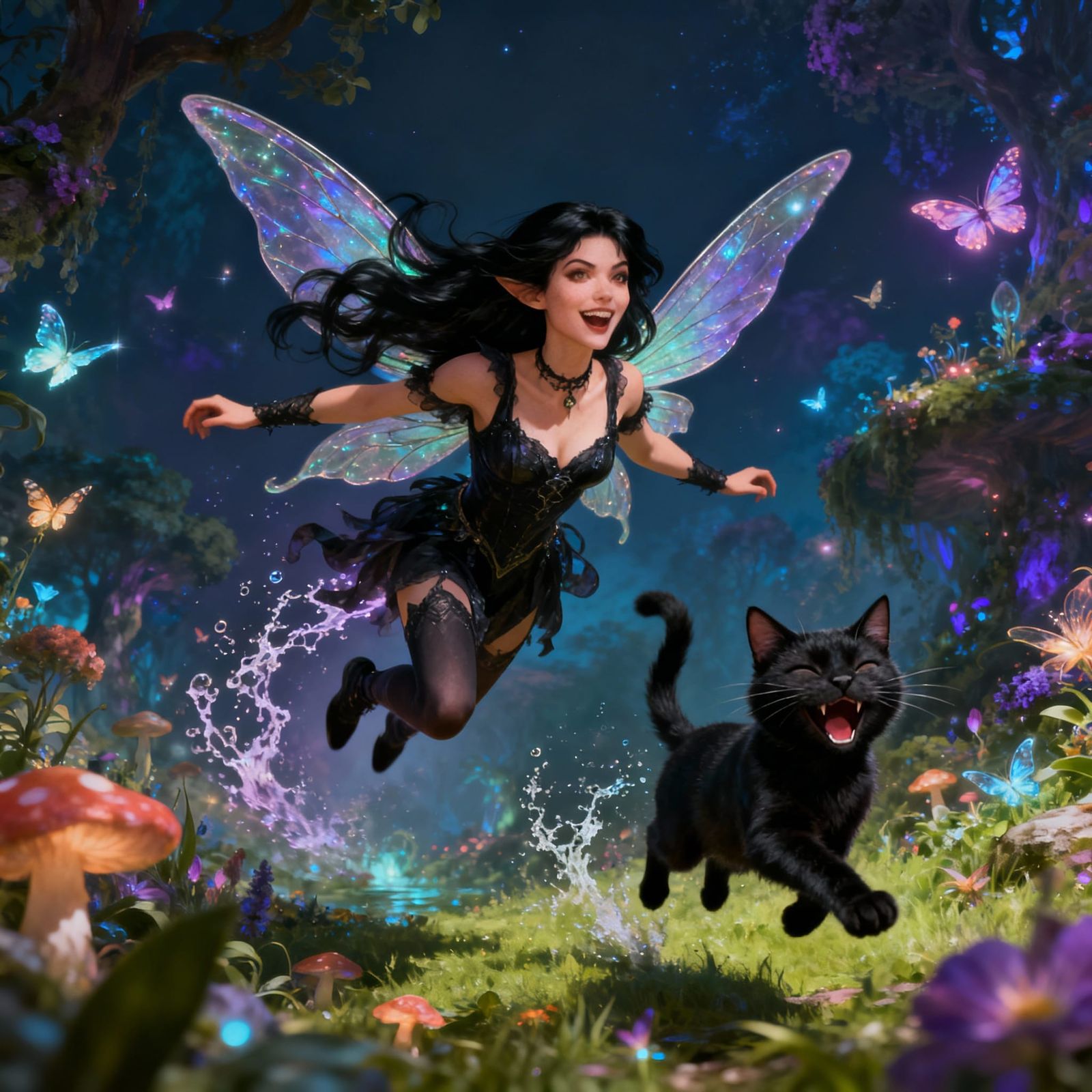 Woman Flying with Fairy Wings and Laughing Cat in Fairyland