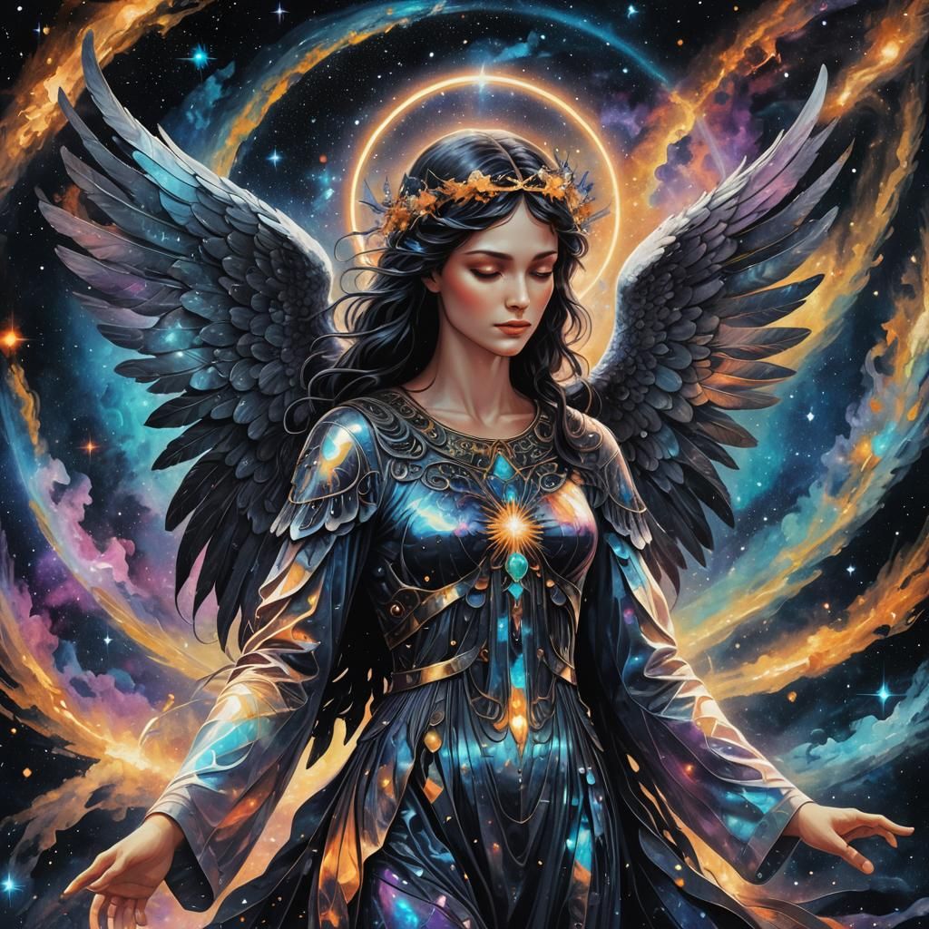 Astral Angel with Black Wings in Mixed Media