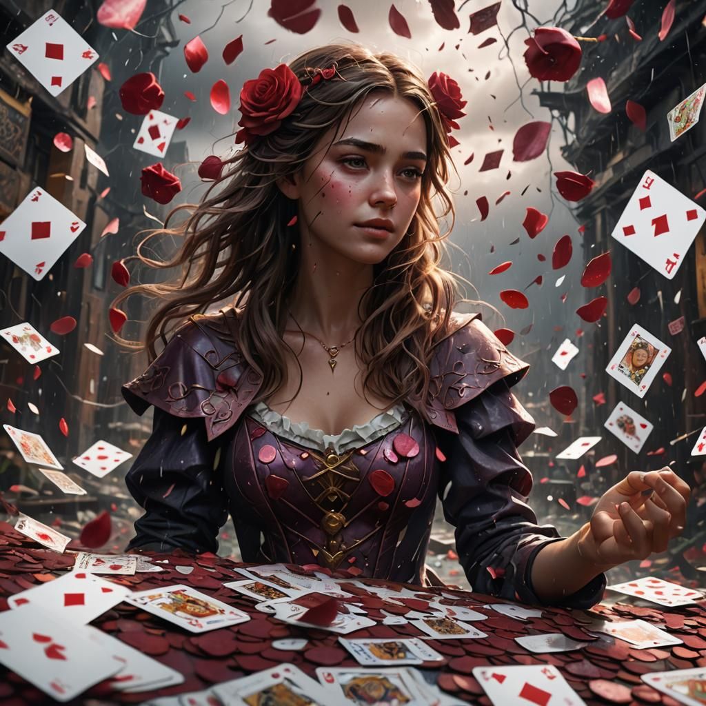 Woman in Storm of Roses and Cards: Matte Painting
