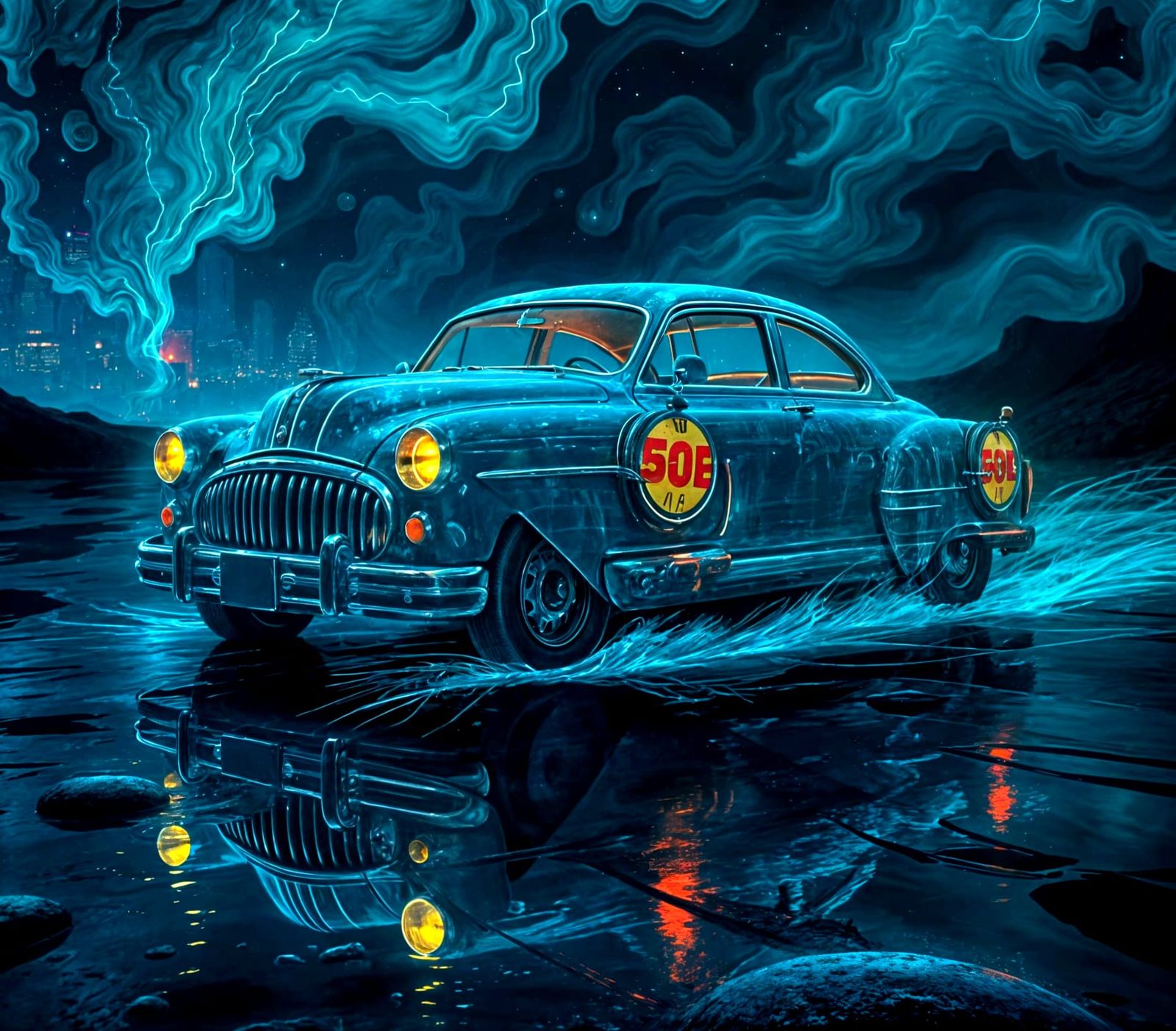 Bioluminescent Car in Abyss: Surreal Digital Painting