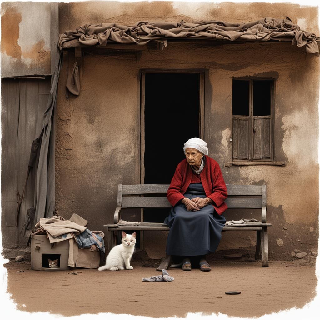 Old Woman and Kitten Outside Broken House