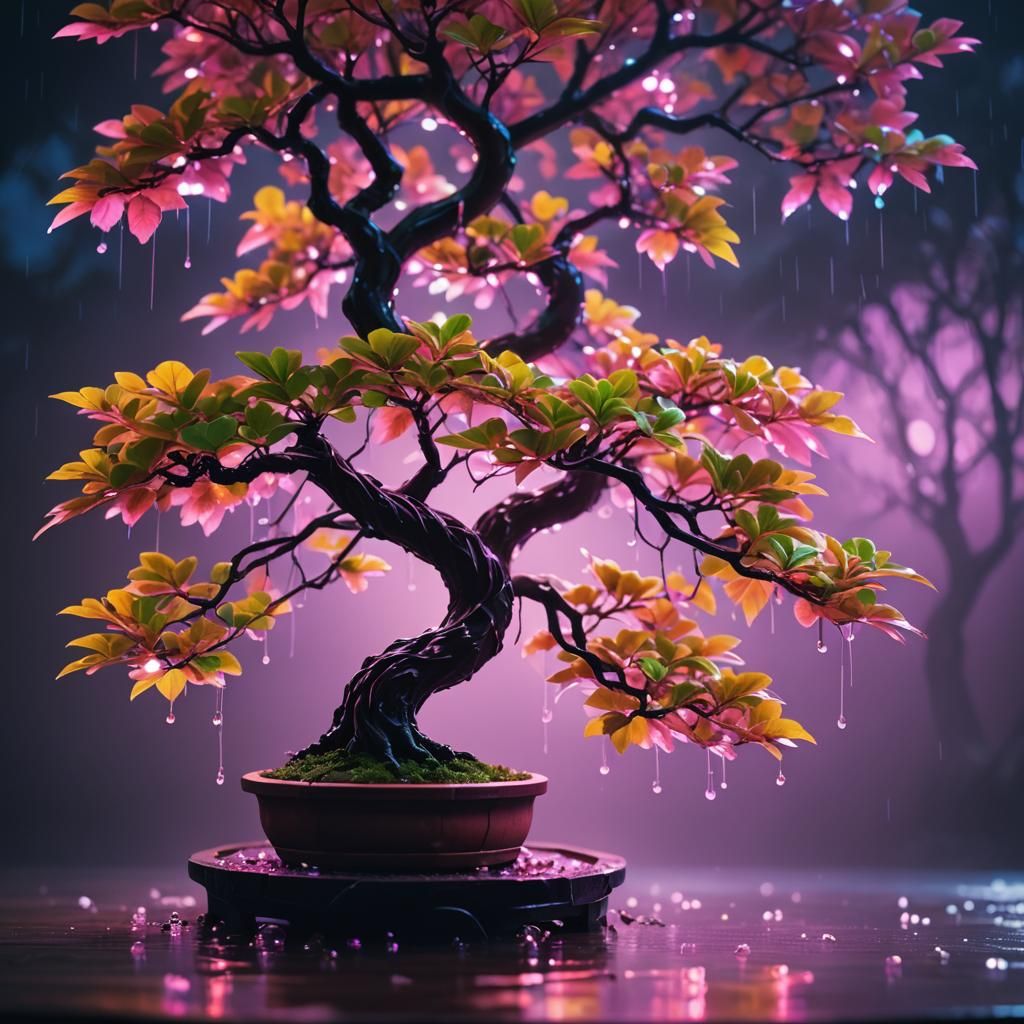 Neon Bonsai Tree Hidden in Wood: Photorealistic Macro