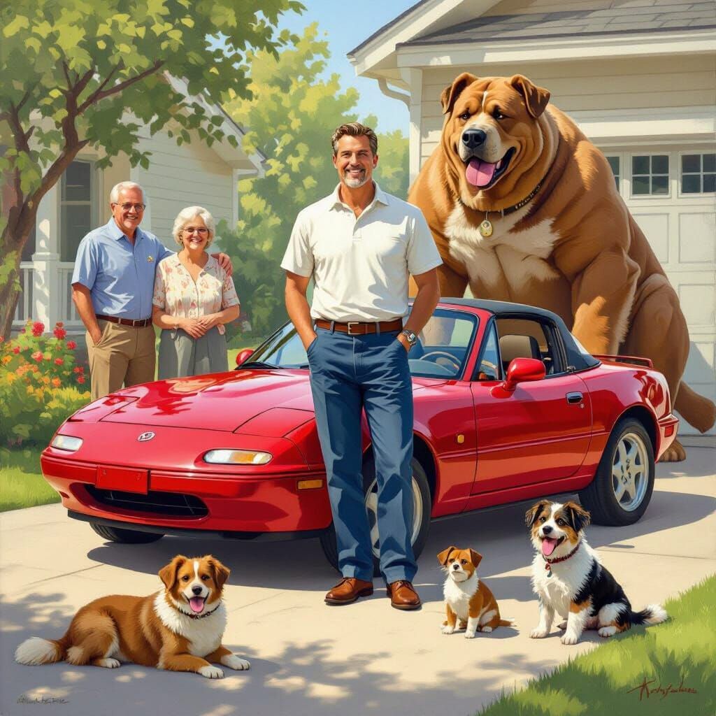Man with Family and Pets Beside Classic Car