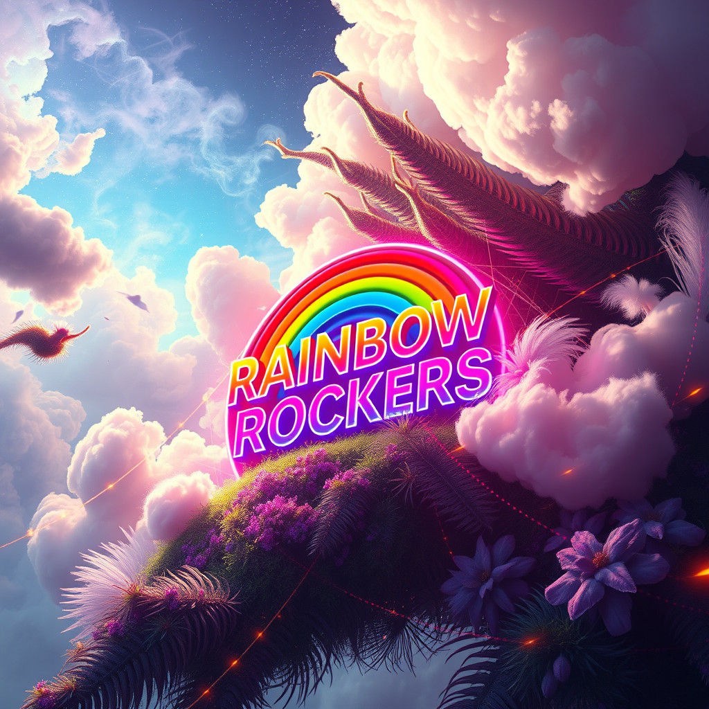 Rainbow Rockers Logo in Dreamlike Landscape