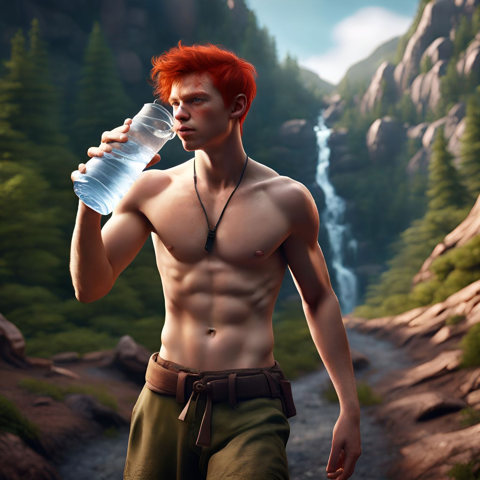 Redhead Teen Hydrating on Hiking Trail: Fantasy Art