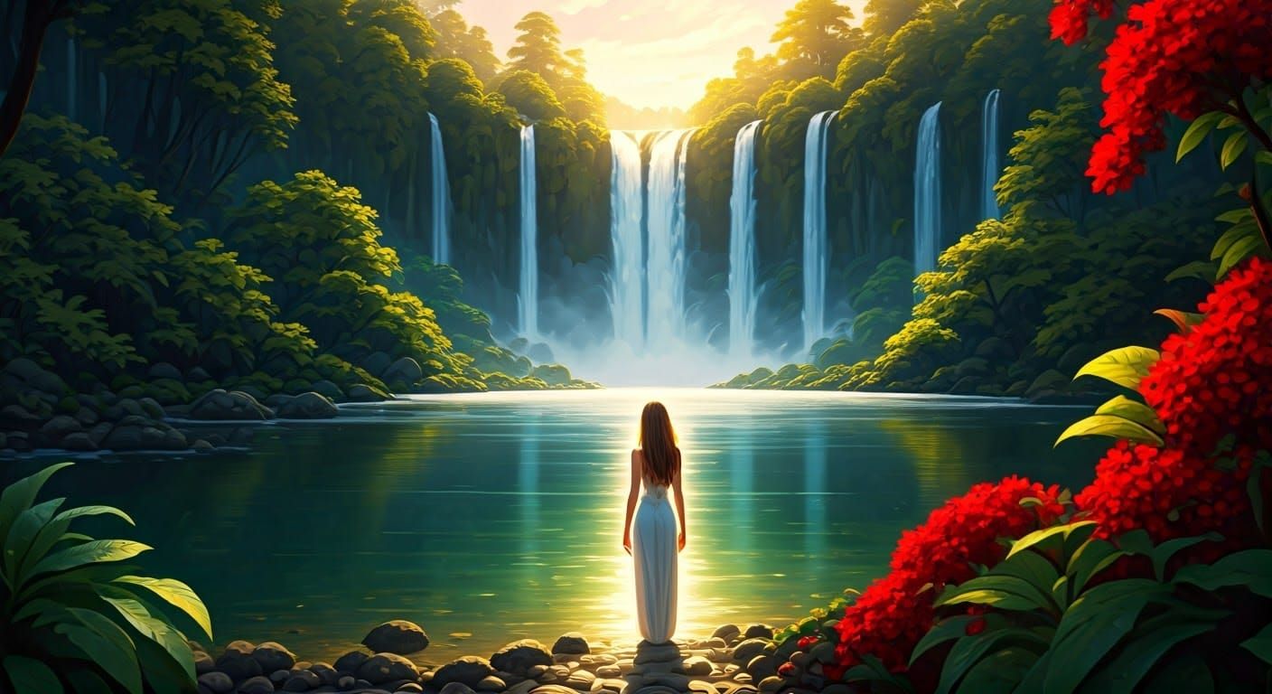 Serene Woman at Lagoon with Waterfall Sunrise