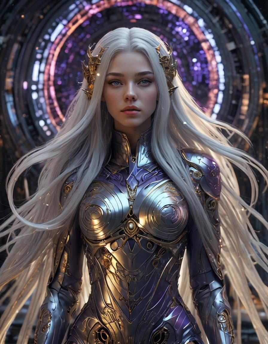 Cyborg Girl Portrait with Golden Filigree, Anime Style