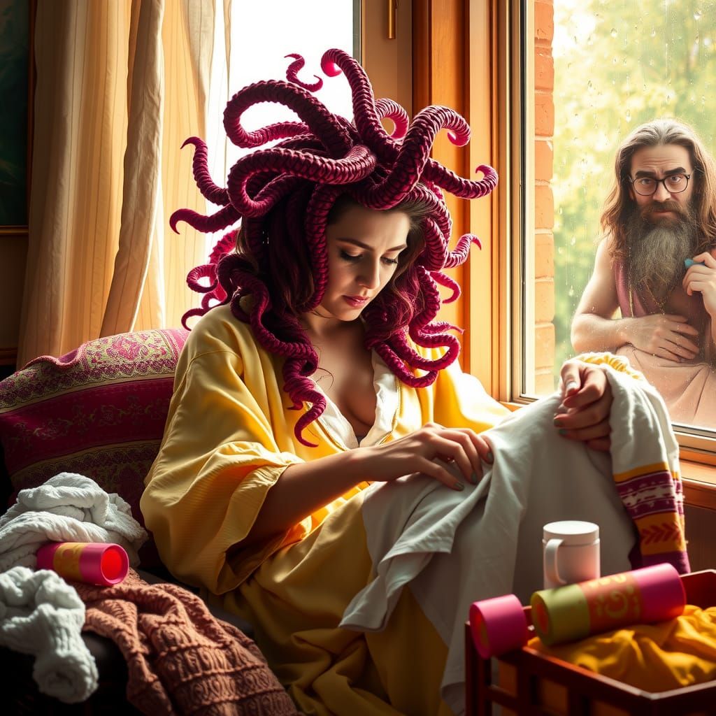 Medusa's Laundry Day: Hyperrealistic Domestic Scene