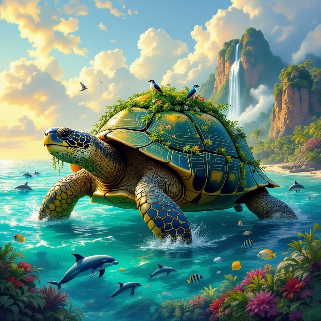 Colossal Tortoise Navigating Ocean with Jungle Ecosystem