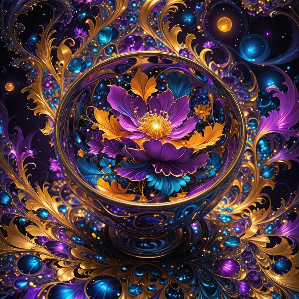 Iridescent Fractal Bowl Overflowing with Cosmos