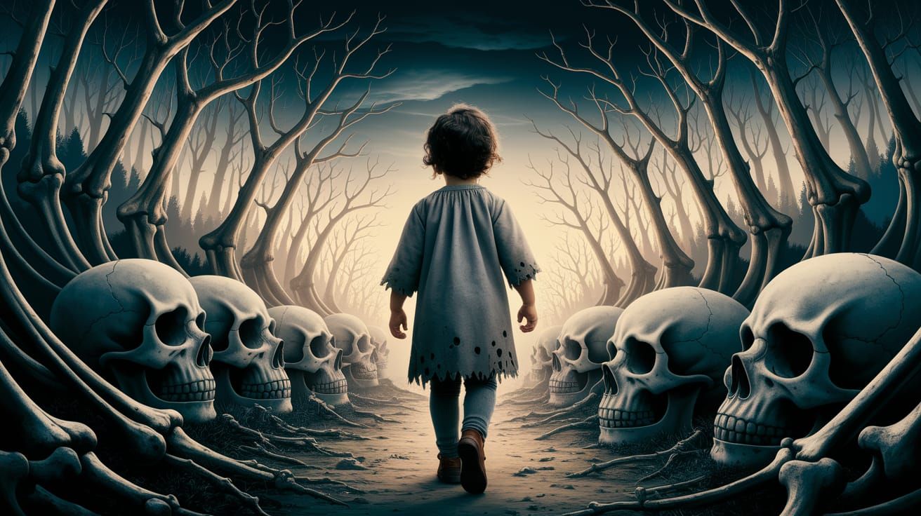 Child Walks Through Bone Forest Under Ominous Sky