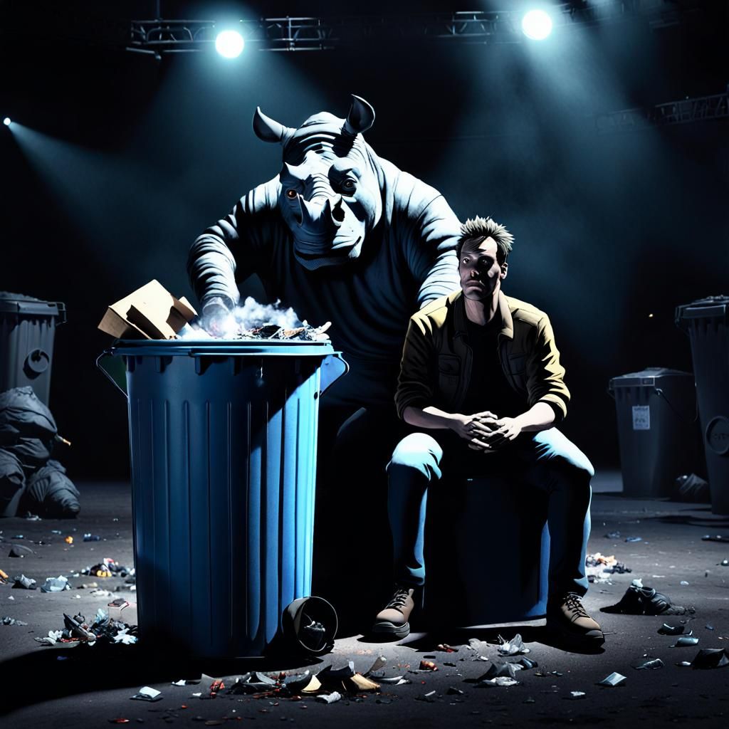 Rhinoceros Masked Actor Lights Match Onstage