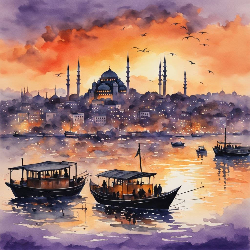 Istanbul Sunset in Vibrant Watercolor