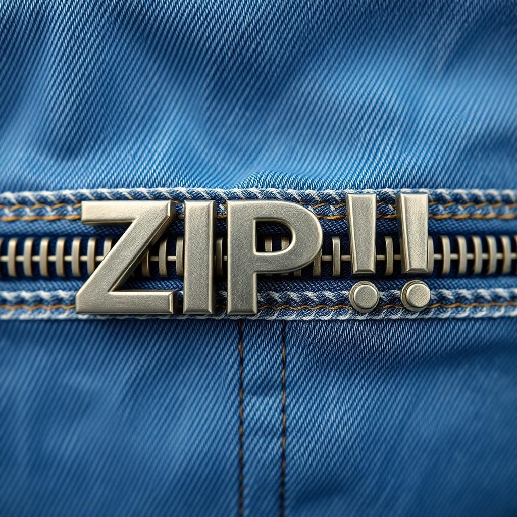 Hyperrealistic Oil Painting: Denim Zipper Typography