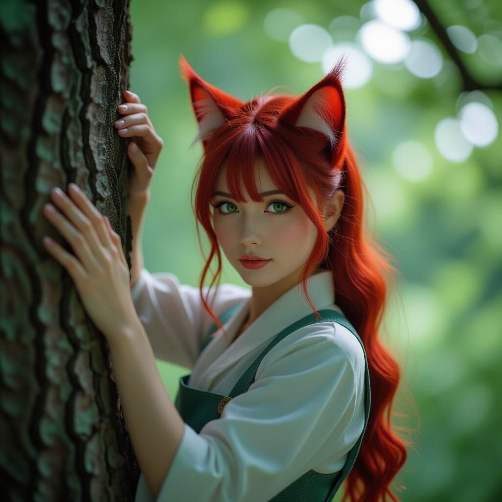 Realistic Japanese Woman Climbing Tree with Cat Features