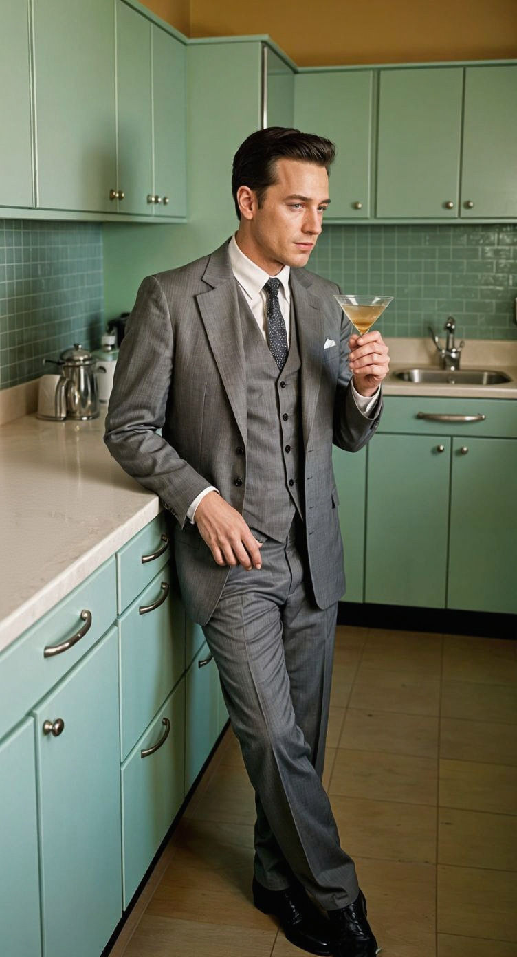 1950s Man Enjoying a Martini in Kitchen