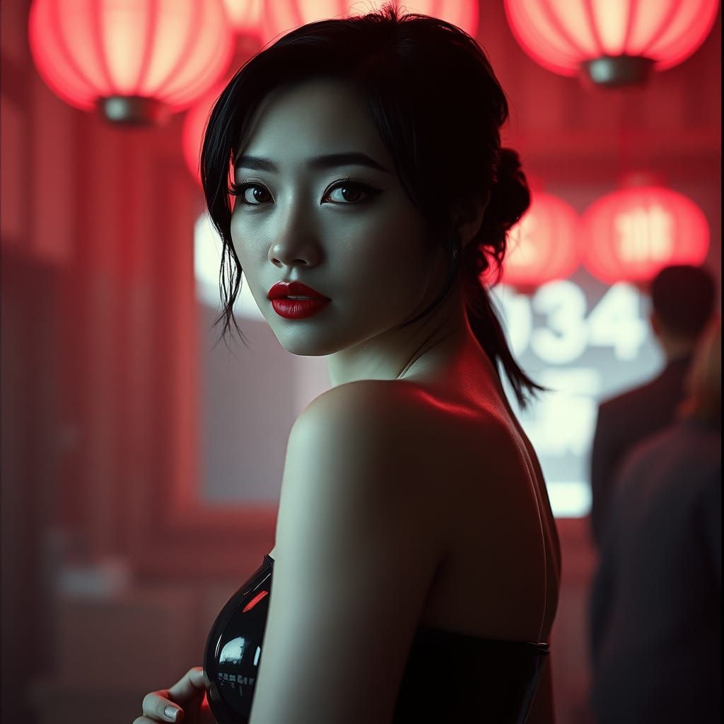 Cinematic B&W Portrait: Red Lips, Chinese Woman