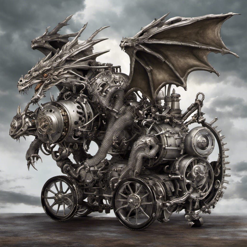 Steampunk Dragon Perched on Rock in Lightning Storm