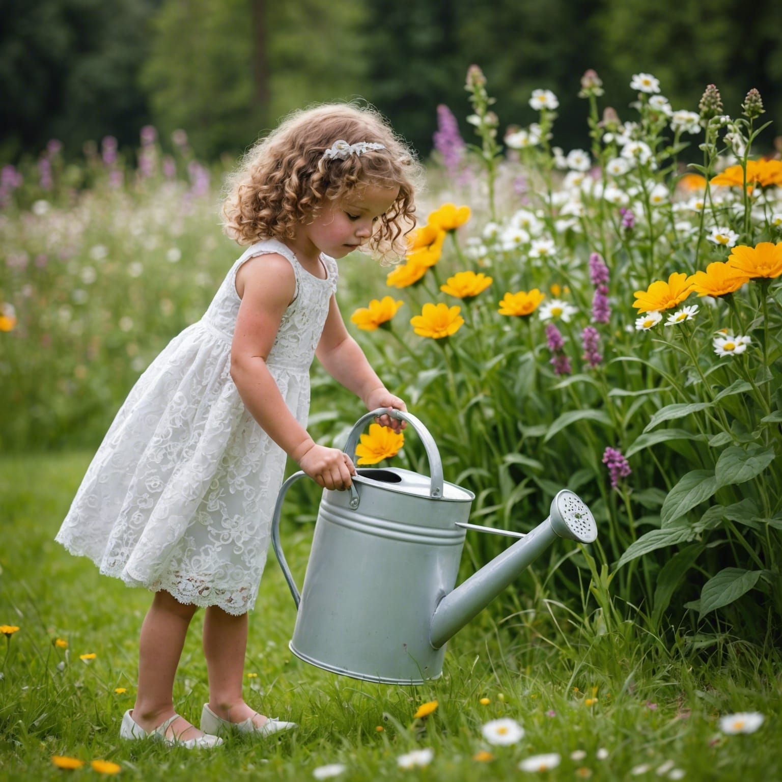 Girl with Watering Can in Summer Garden