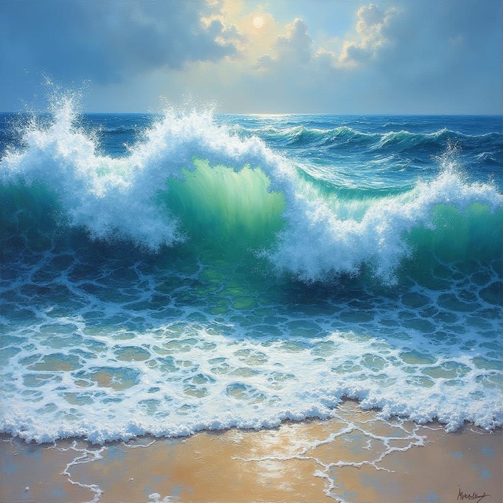 Dramatic Ocean Waves Crashing, Impressionist Seascape