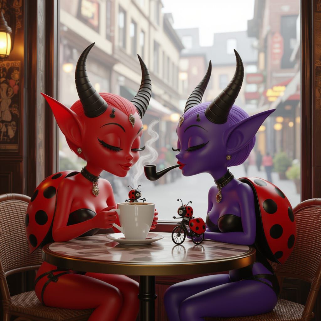 Cartoon Devil Drinks Coffee with Ladybirds and Giant Pipe