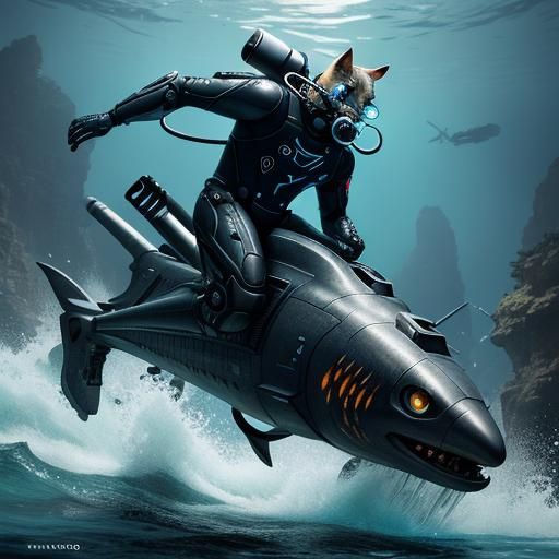 Underwater Cat Hunter in Futuristic Scuba Suit