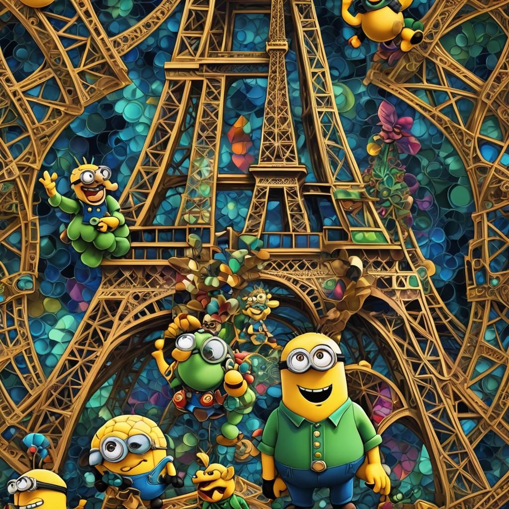 Fractal Eiffel Tower Scene with Minion, Luigi, and Bowser