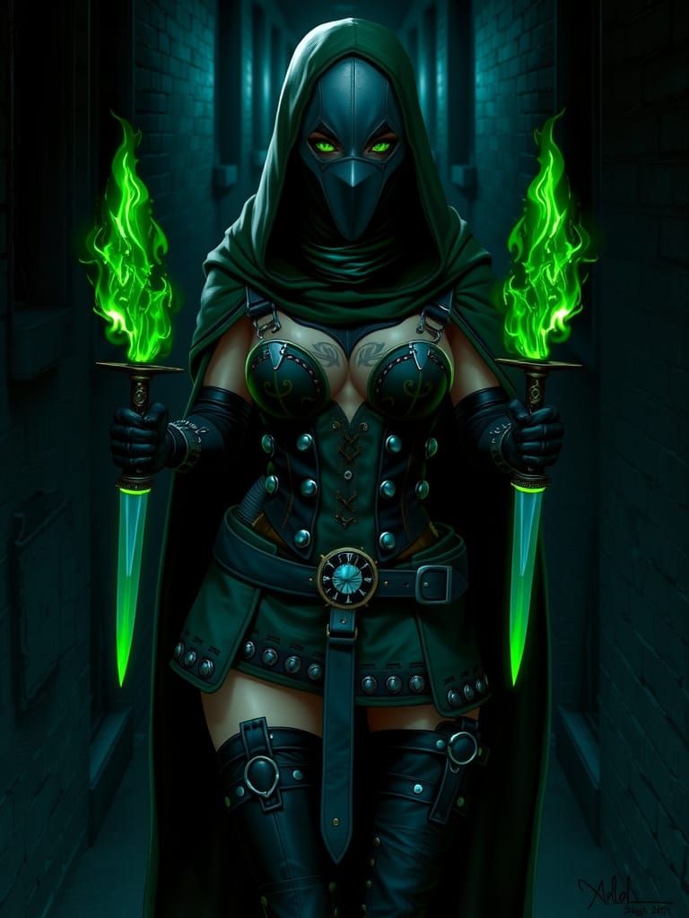Steampunk Assassin With Emerald Flame Daggers