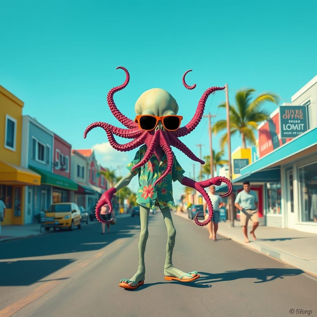 Vacationing Octopus Alien Saunters Down Main Street