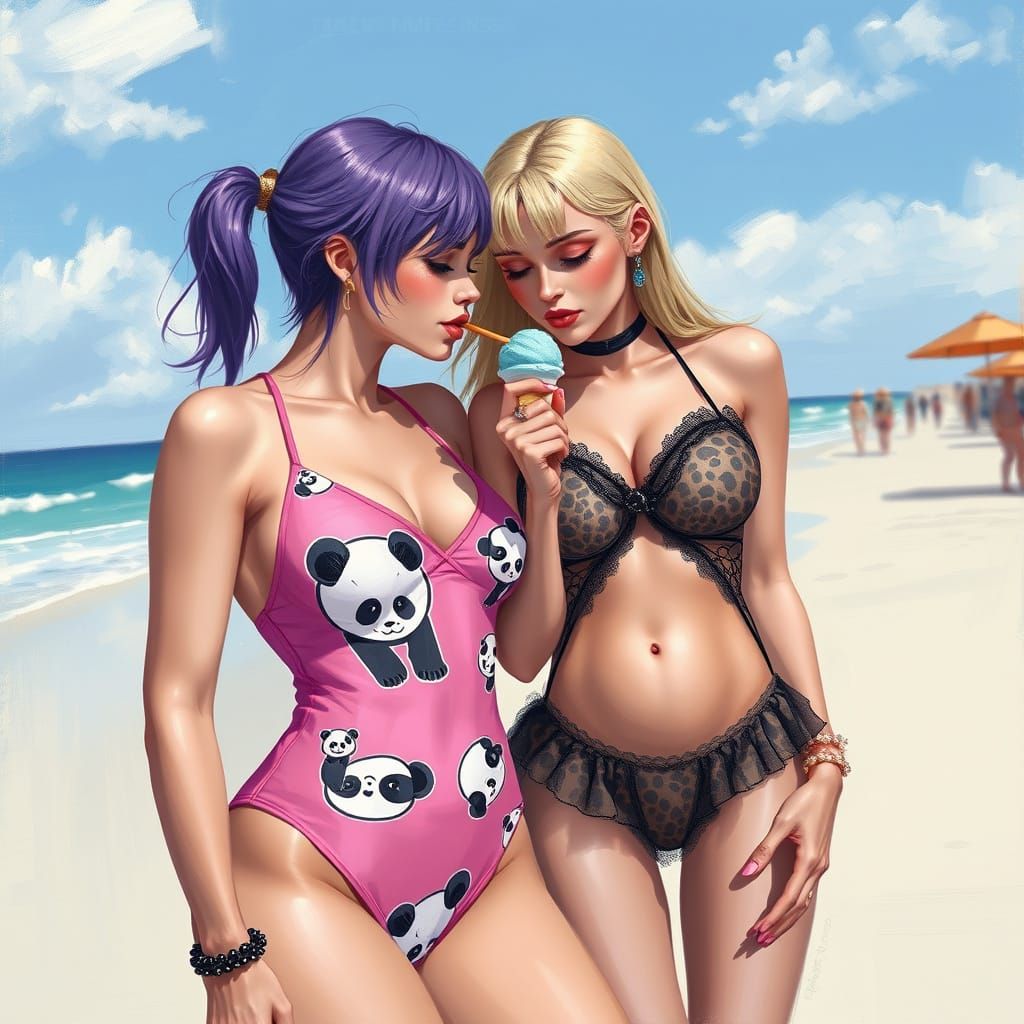 Vibrant Beach Scene with Two Women in Fantasy Art Style