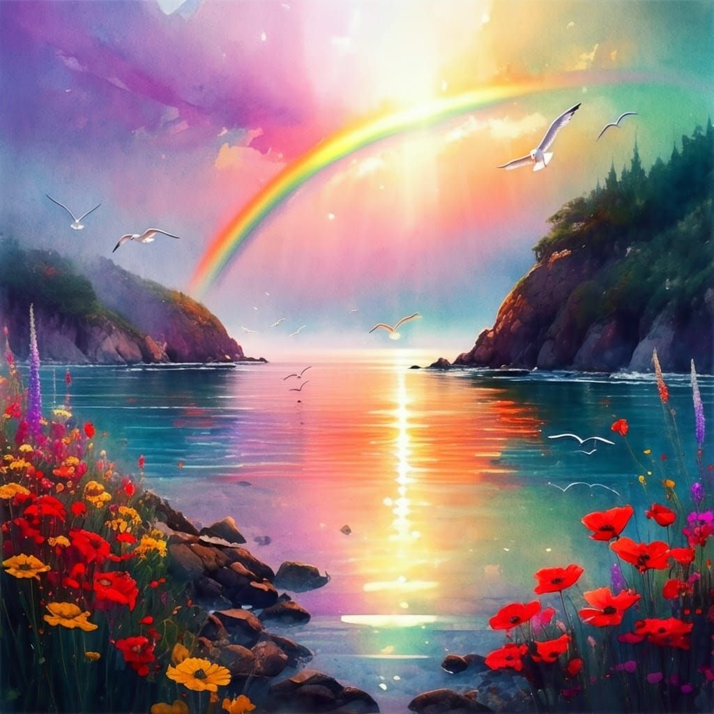 Rainbow Coastal Scene in Watercolor Style