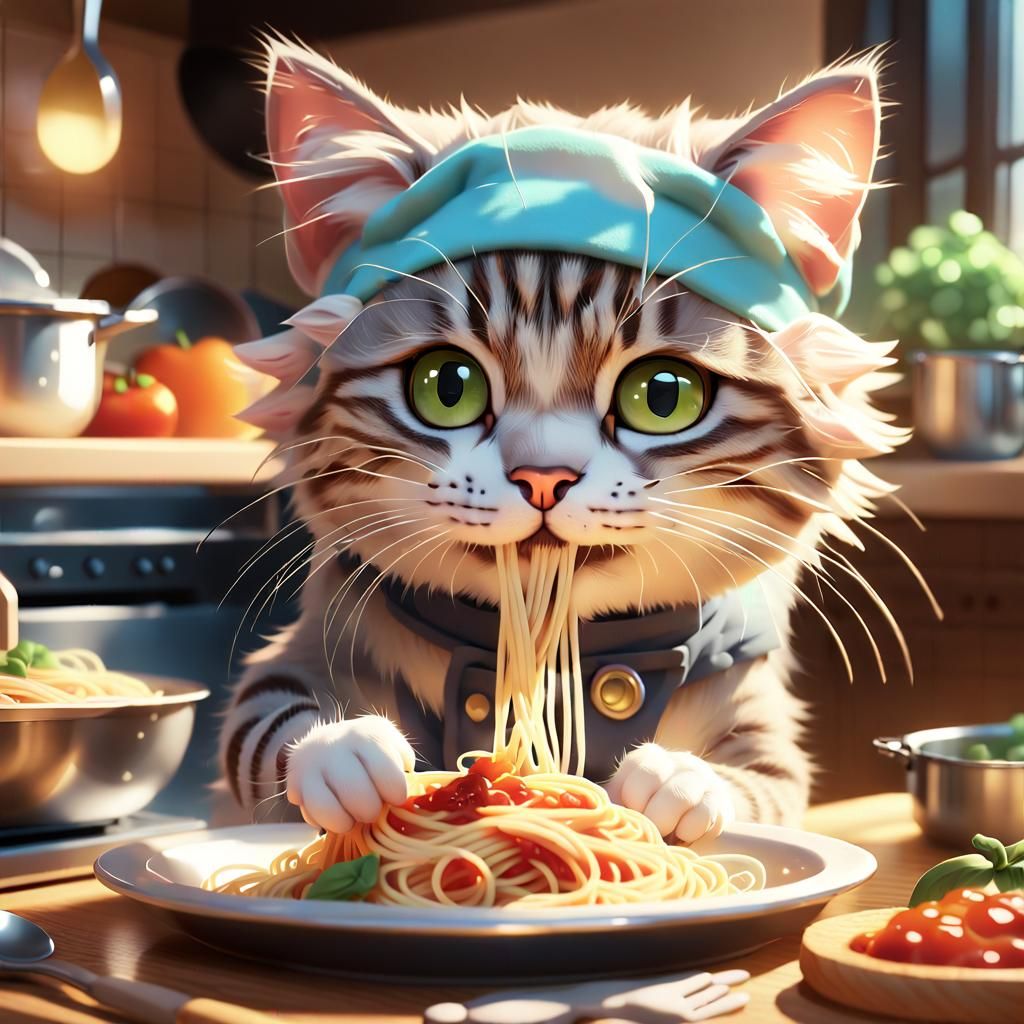 Cute Cat Chef Makes Spaghetti: Anime 3D Illustration