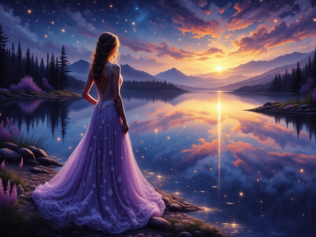 Woman in Lavender Gown by Starry Lake