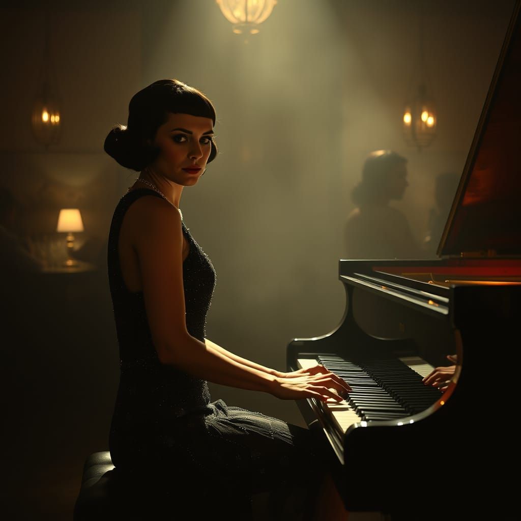 Elegant Flapper at Piano in Film Noir Style