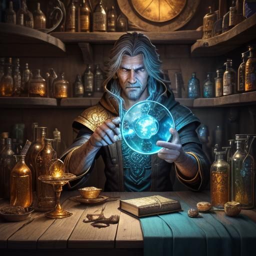 Mystical Wizard in Alchemy Shop, Fantasy Art