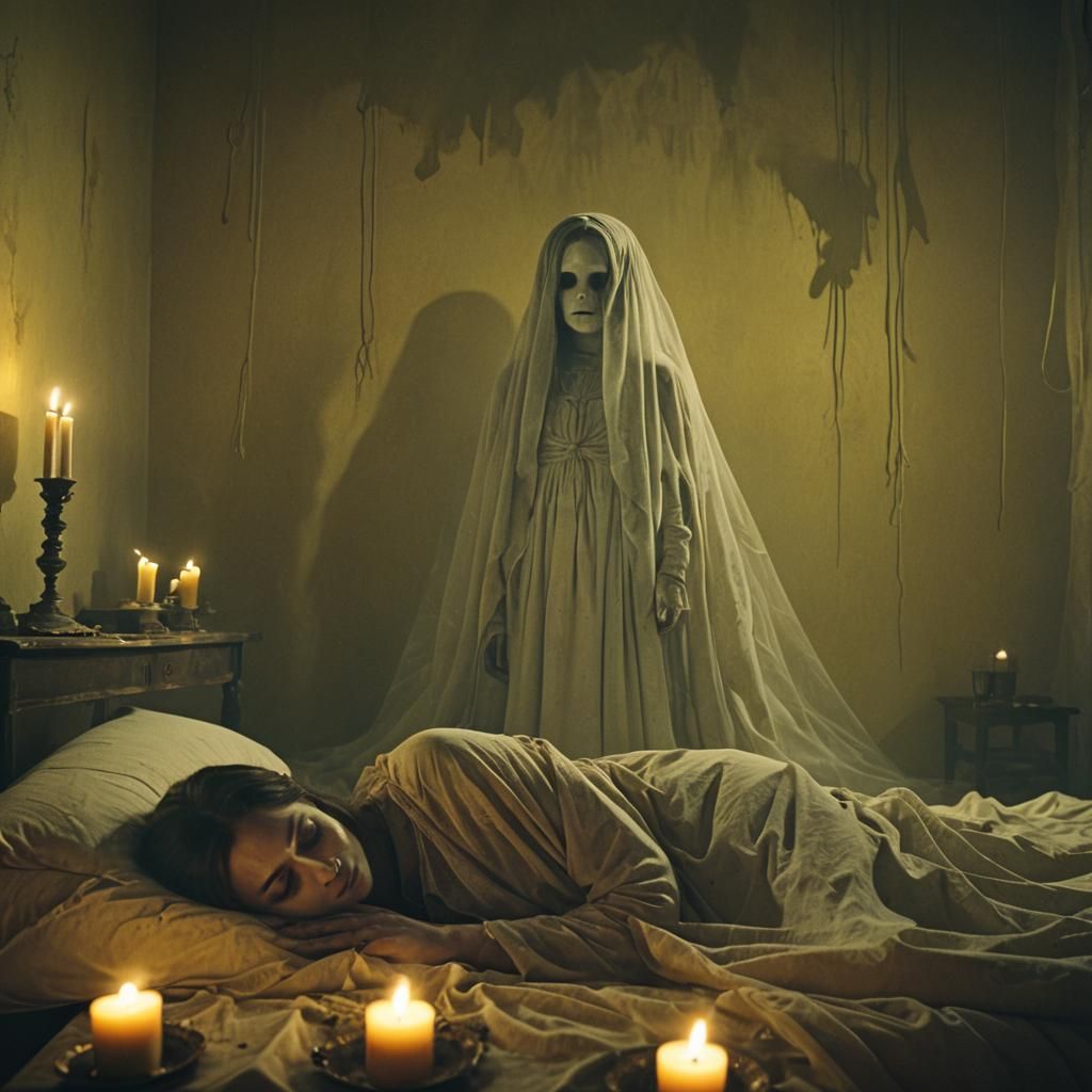 Eerie Ghost Beside Decaying Girl: Cinematic Horror