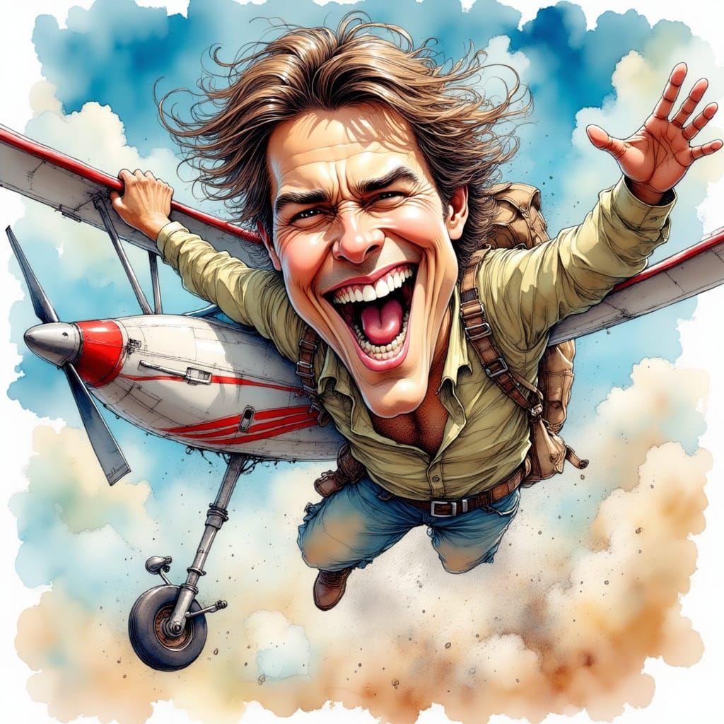 Tom Cruise Caricature Jumping From Airplane in Fauvism Style