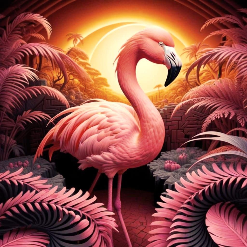 Flamingo in Leonardo da Vinci and Escher Style