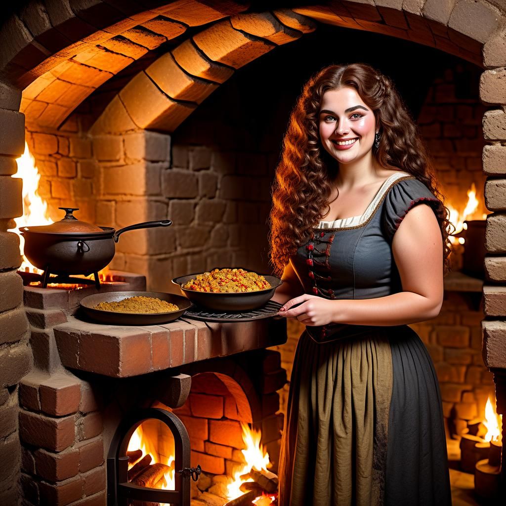 Medieval Woman Cooking in Castle Basement